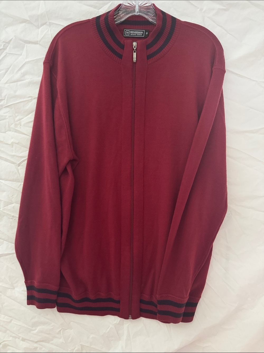 Henderson Burgundy Zip Merino Wool Sweater with Black Stripe Trim